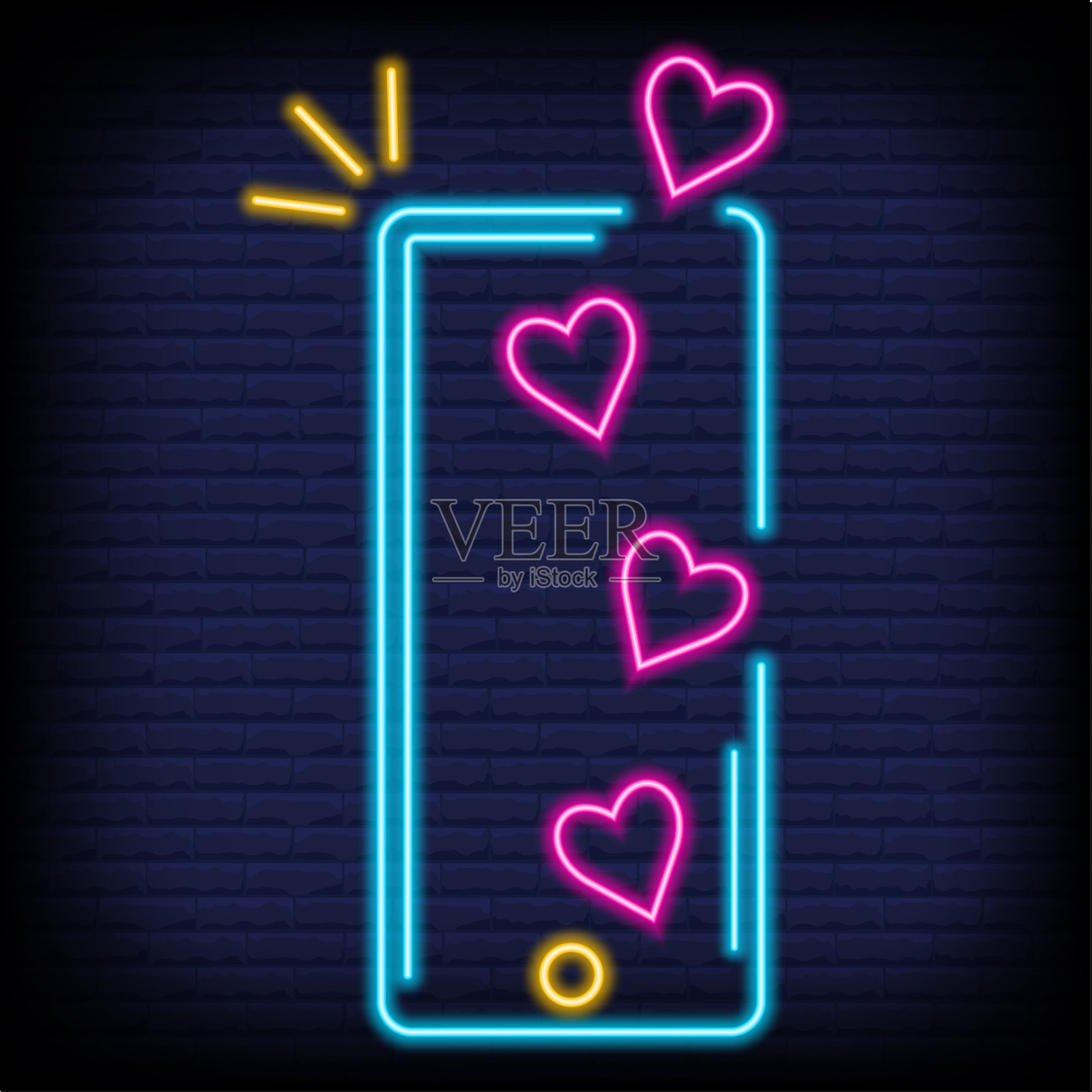 在智能手机上飞行的霓虹灯心脏。爱喜欢社交媒体上的情感。积极的反应和反馈。向量插画图片素材