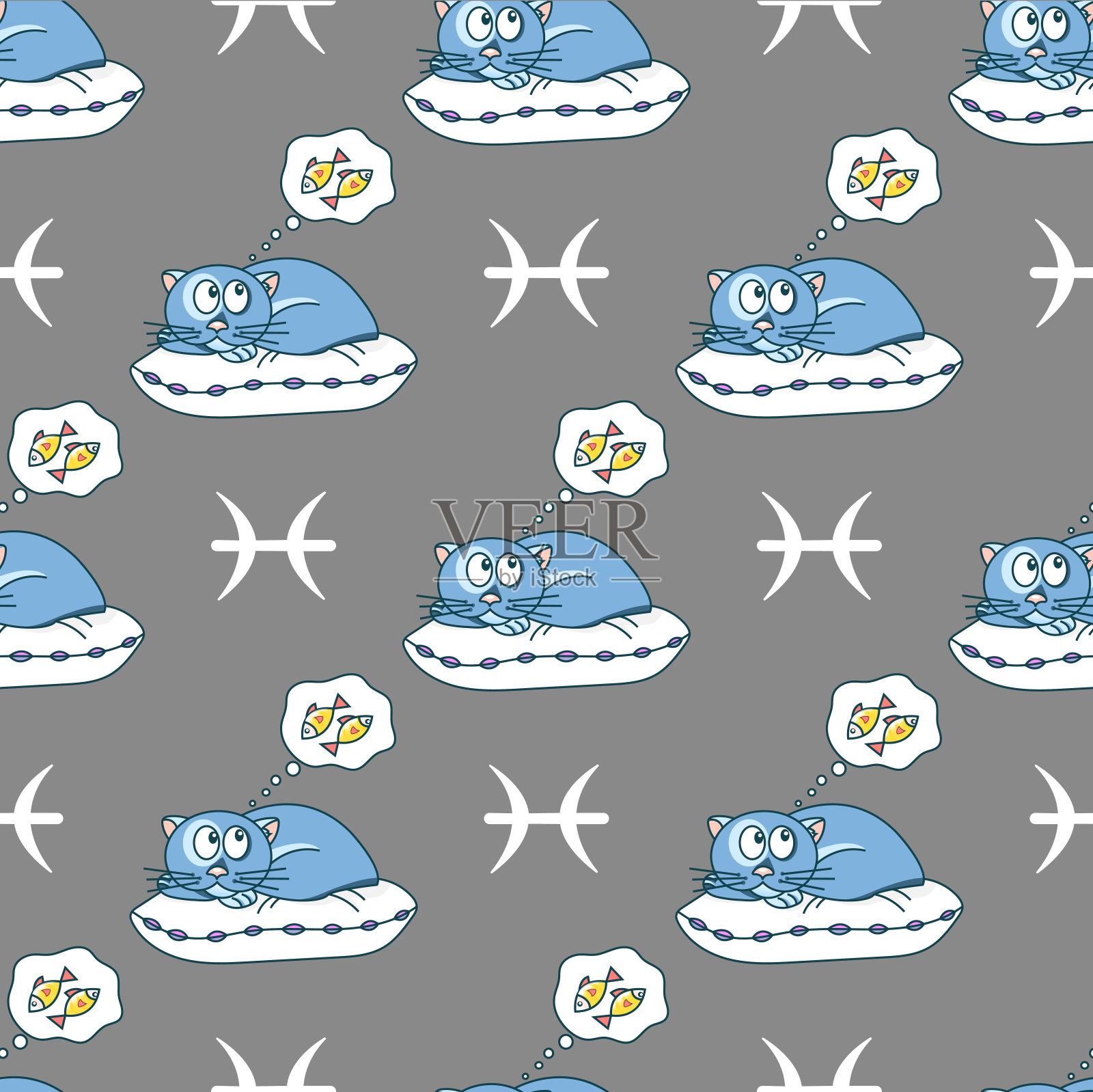 双鱼座星座的形式是可爱的猫无缝图案在灰色的背景上。矢量图插画图片素材