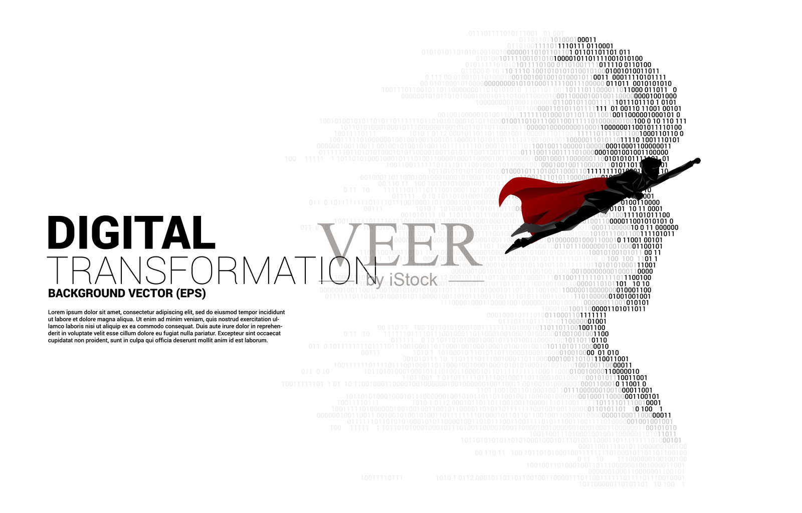 从像素变换的超人头部飞行的剪影。概念背景人类未来和元宇宙。插画图片素材