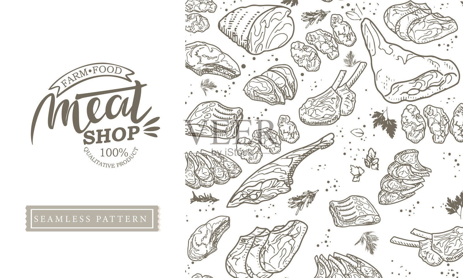 收藏生肉，复古雕刻风格插画图片素材