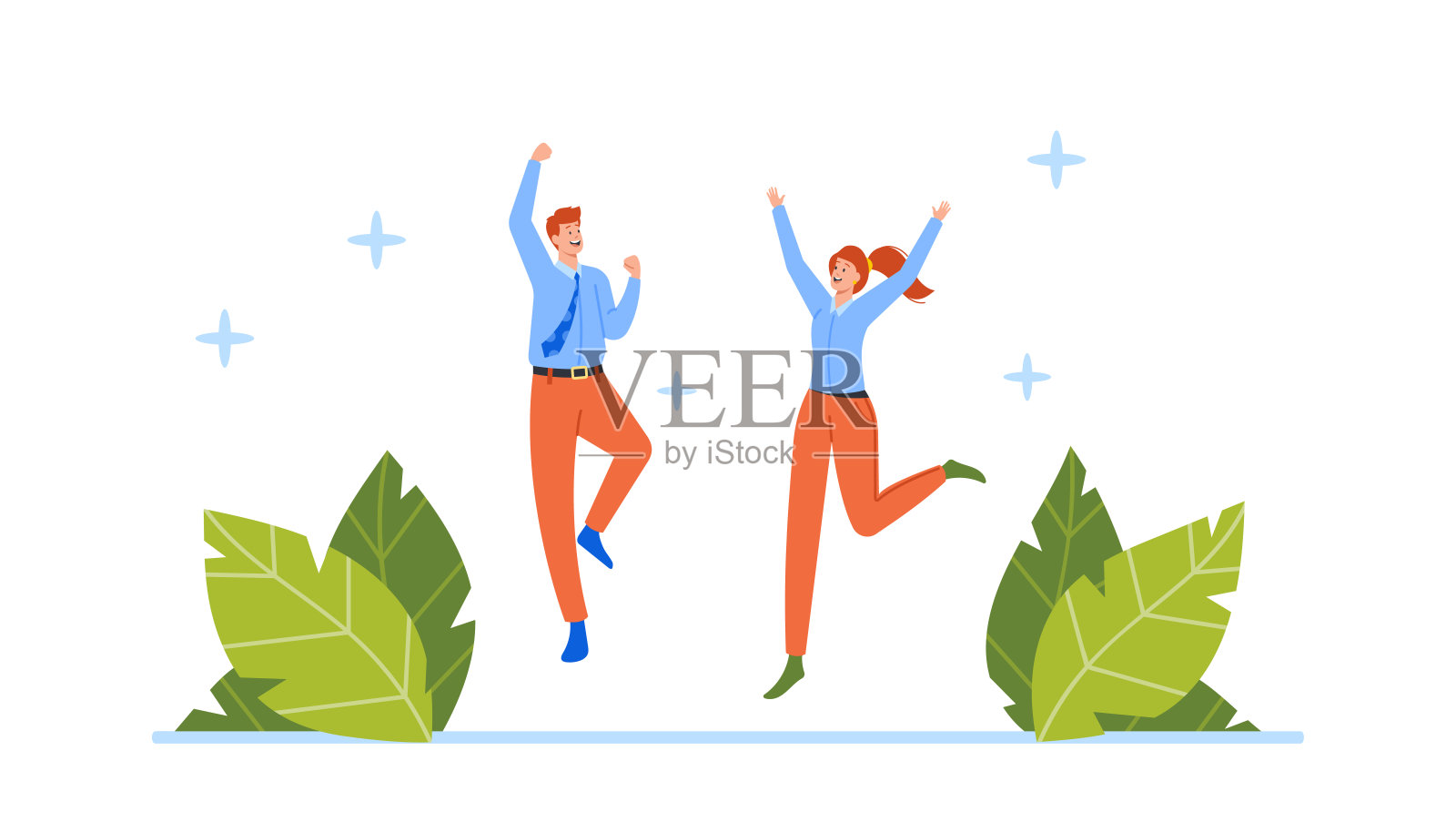 快乐的商业人士团队跳跃庆祝成功的项目。办公室职员庆祝胜利插画图片素材