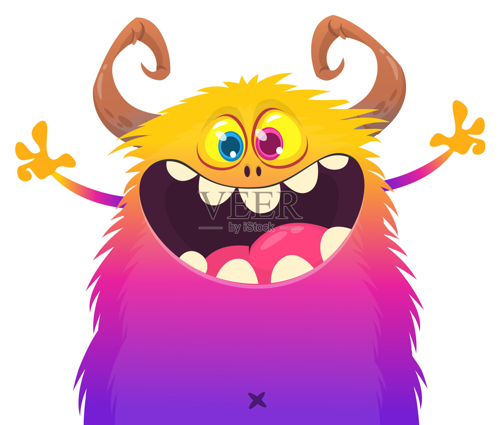 滑稽的卡通怪物会突然出现并挥舞着双手。快乐的外星人插图。万圣节晚会设计。向量孤立插画图片素材