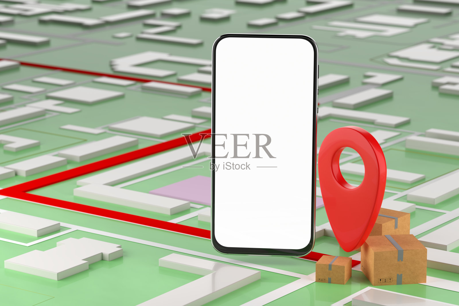 邮政递送服务的概念。导航地图背景上的智能手机模型。三维渲染照片摄影图片