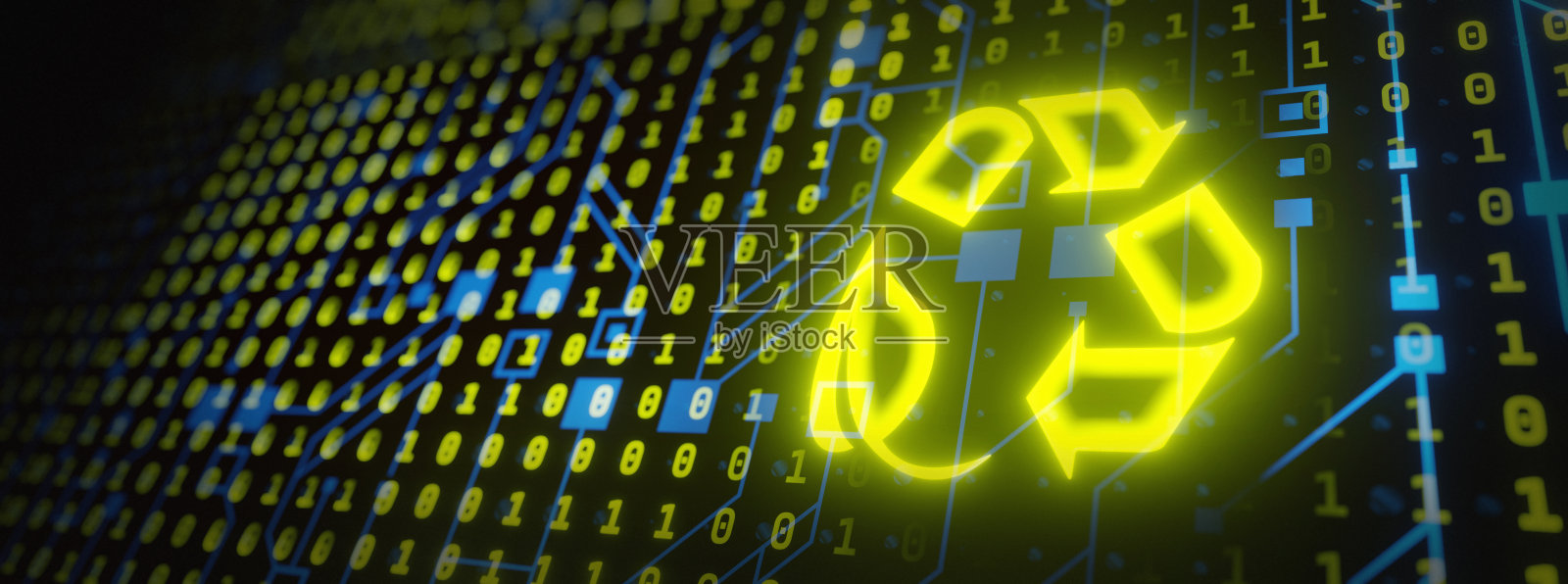 HUD玻璃屏幕上的绿色生态循环符号反映在未来的电子电路横幅上照片摄影图片