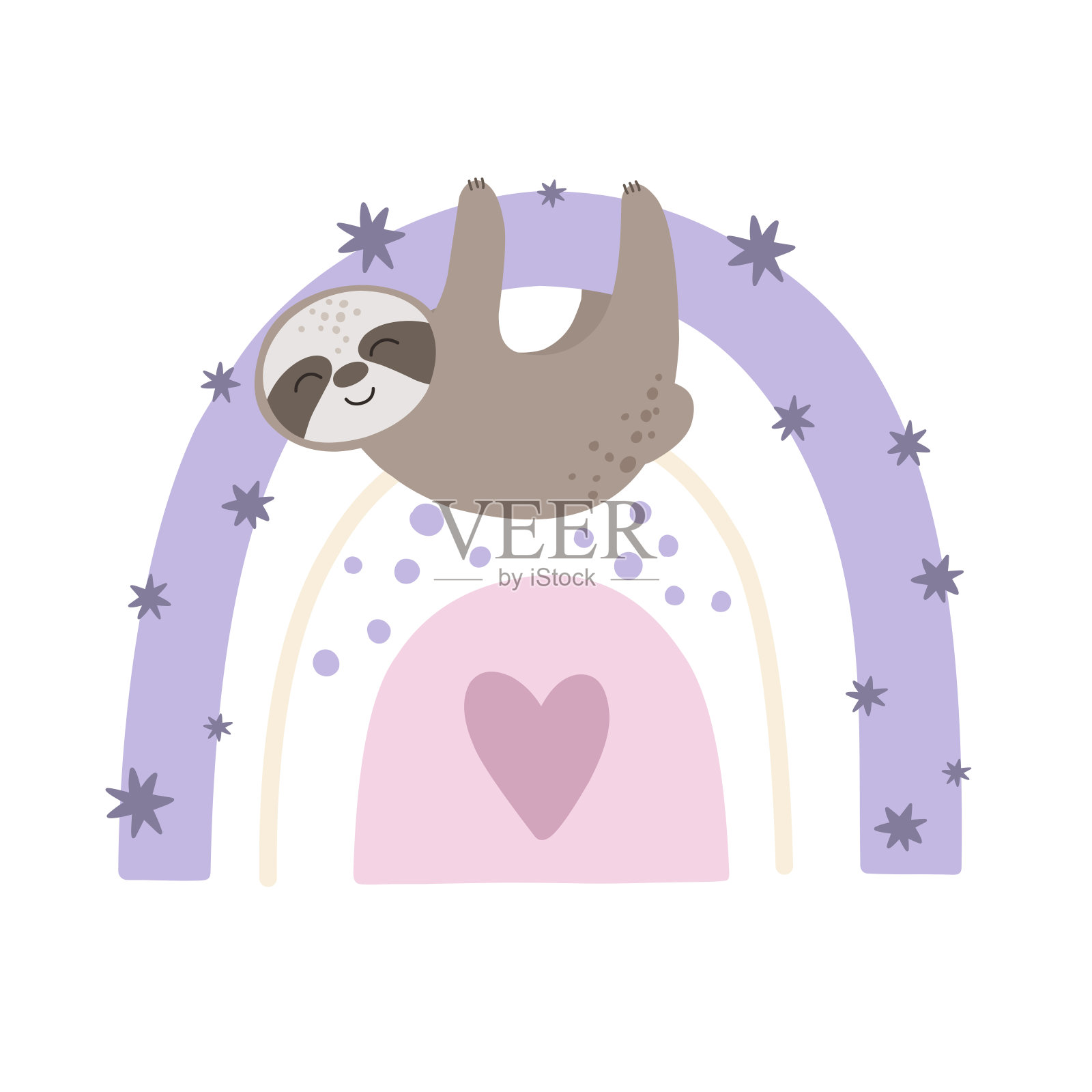 彩虹上可爱的树懒。儿童手绘插画，矢量动物。插画图片素材