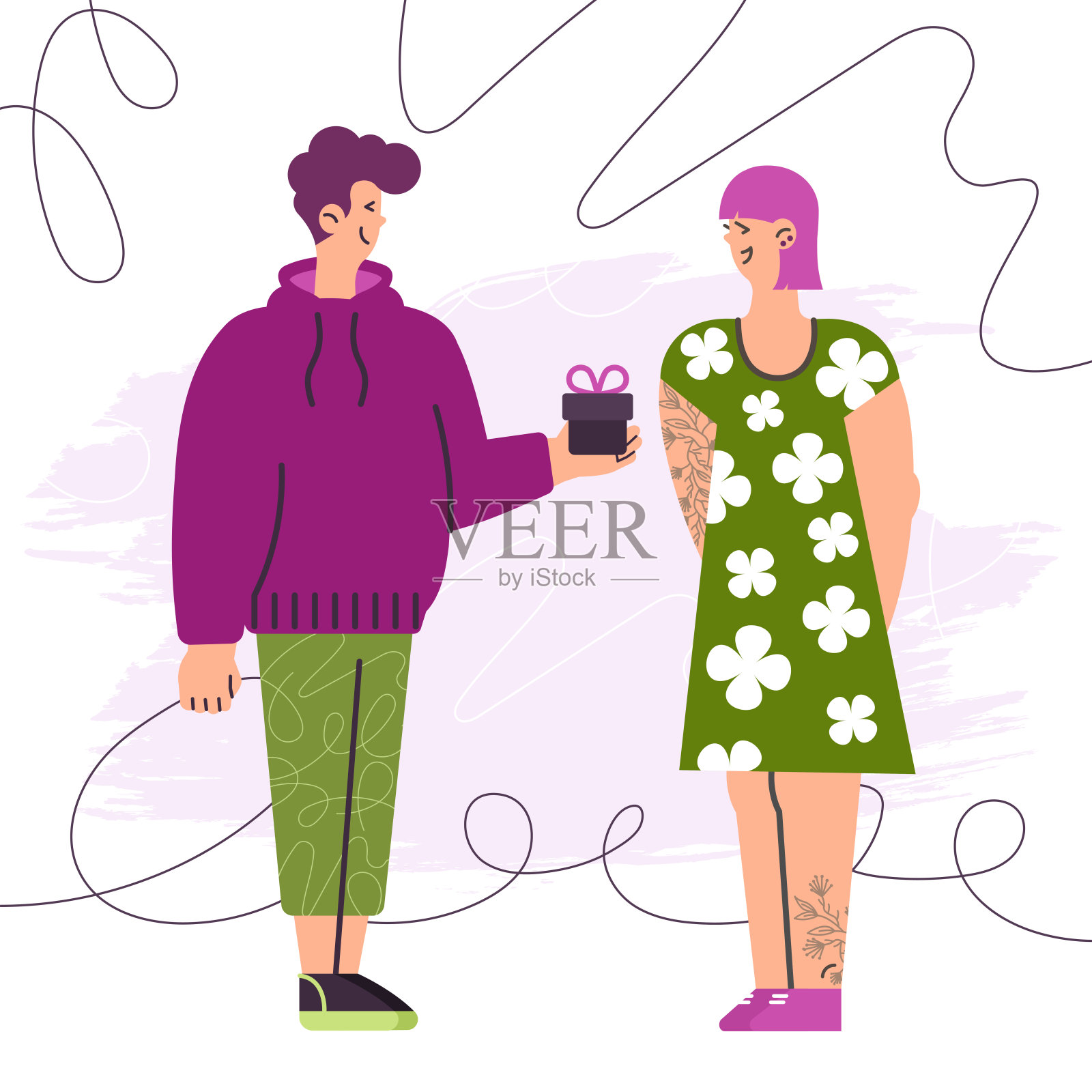 可爱的微笑快乐的角色。年轻人送给漂亮女人礼物。情人节。节日的概念，婚礼。向量卡通插图的卡片，网页，海报，问候插画图片素材