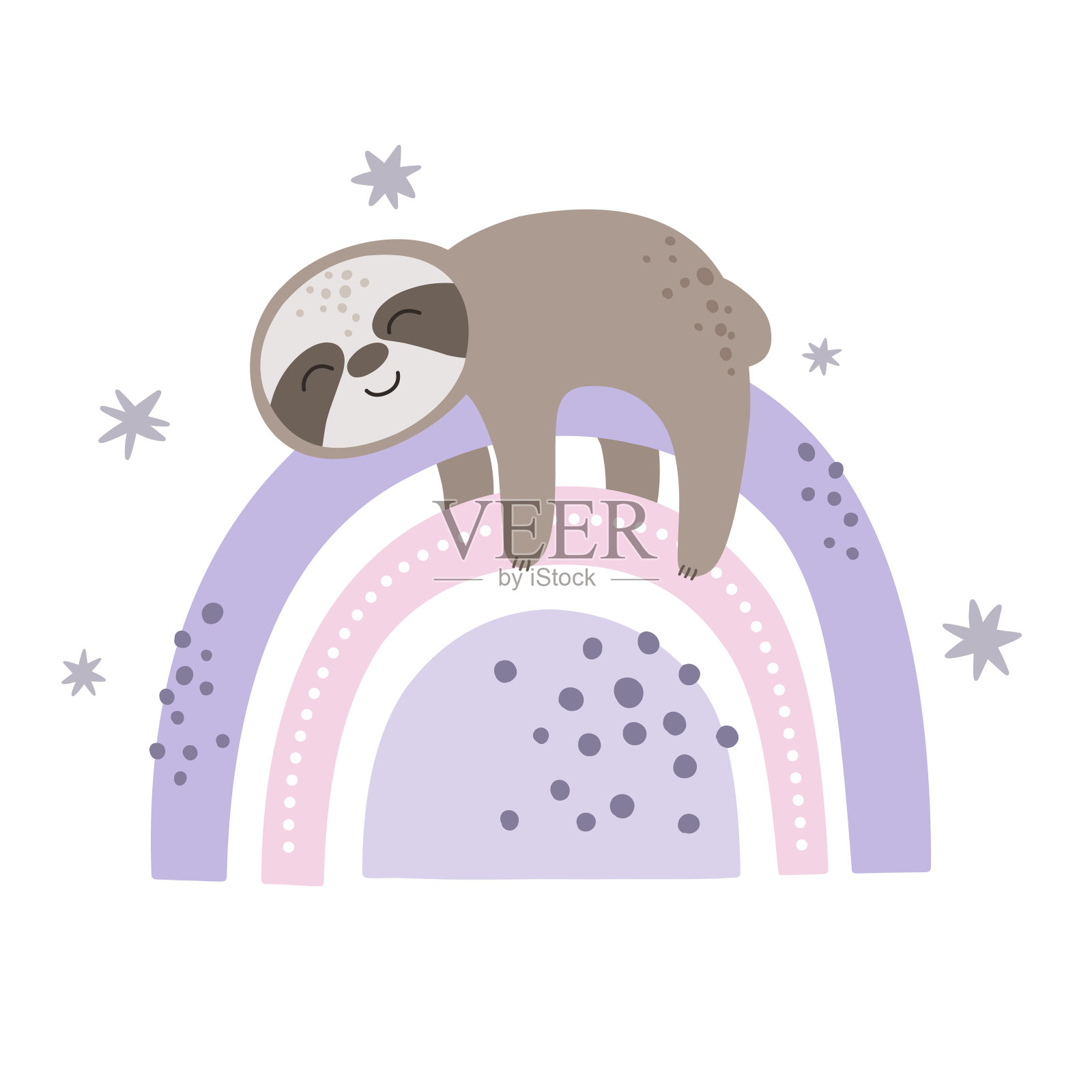 彩虹上可爱的树懒。儿童手绘插画，矢量动物。插画图片素材