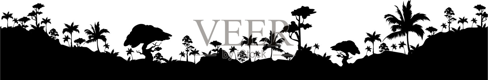 热带景观黑色轮廓无缝插画图片素材