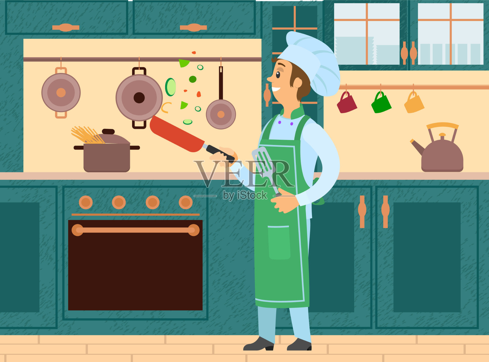 厨师站在那里，手里拿着锅铲和煎锅插画图片素材