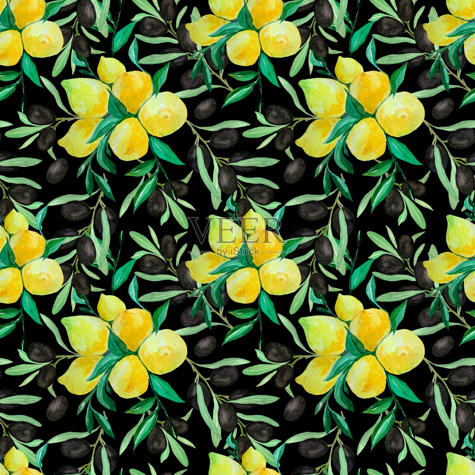 柠檬，黑橄榄和树叶的无缝图案插画图片素材