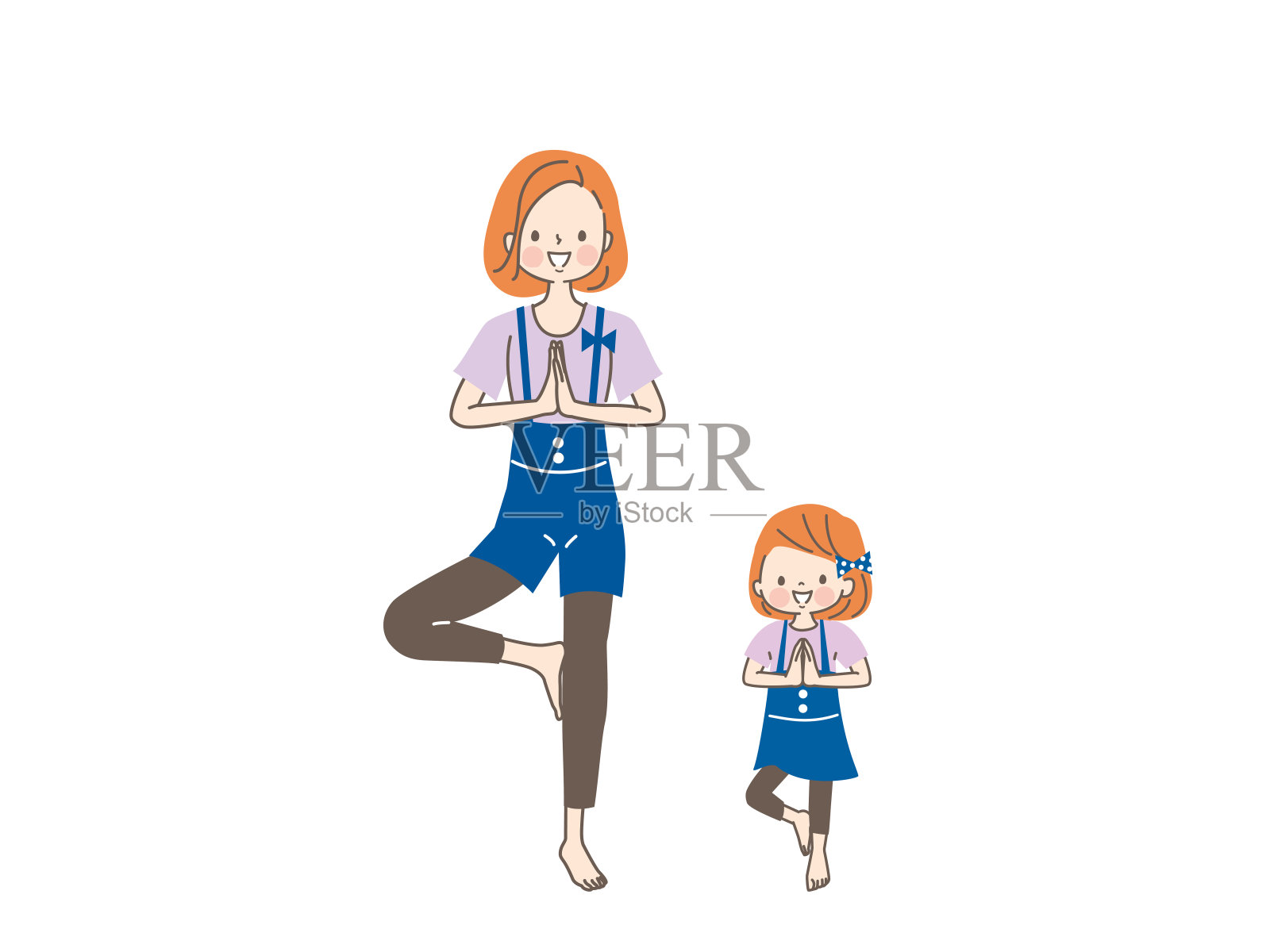 妈妈和孩子微笑着享受瑜伽插画图片素材