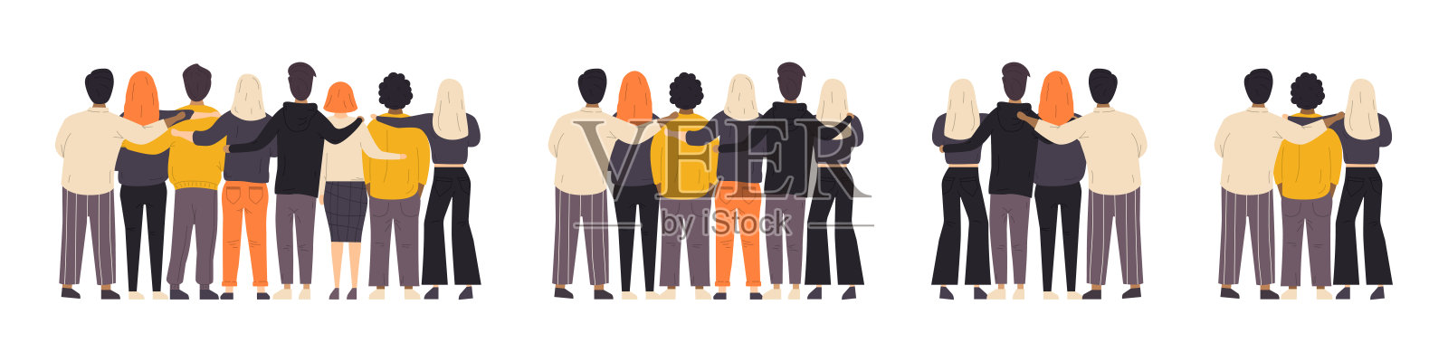 从朋友的拥抱。男女之间的友谊。团结友爱。家庭、团队、合作或伙伴关系。男人和女人都是扁平的。矢量图插画图片素材