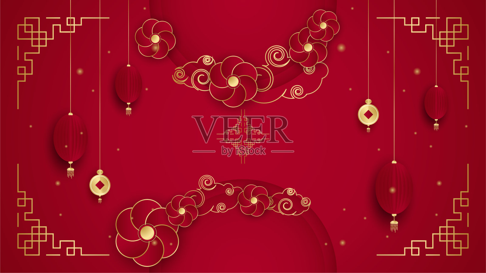 红色和金色喜庆春节横幅背景设计。中国瓷器红色和金色的背景与灯笼，花，树，象征和图案。红色和金色剪纸中国模板设计模板素材