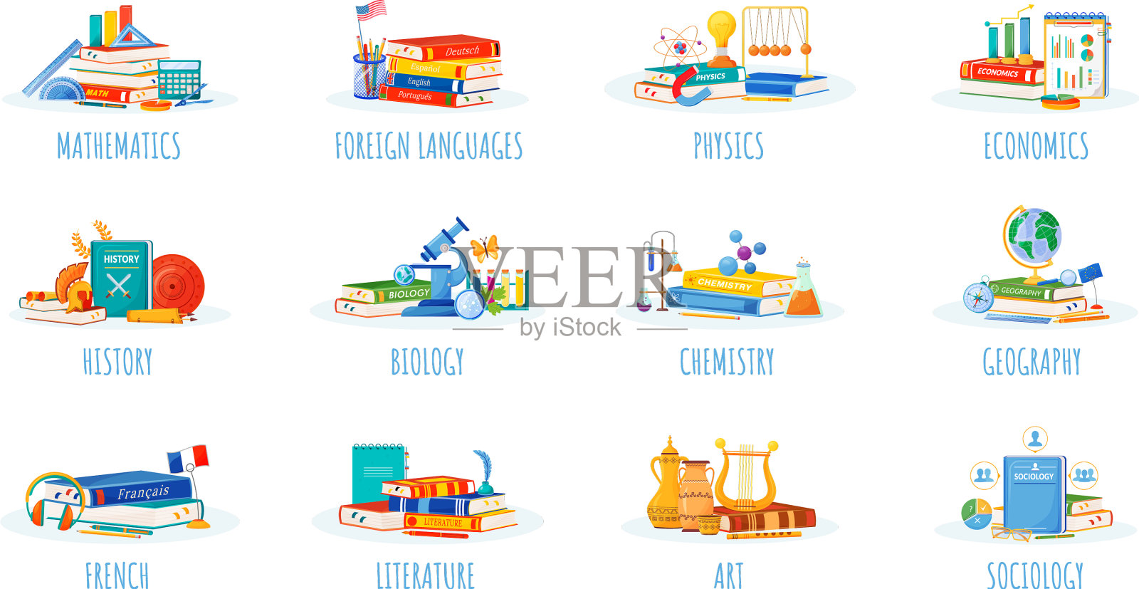 学校科目平面概念集图标素材