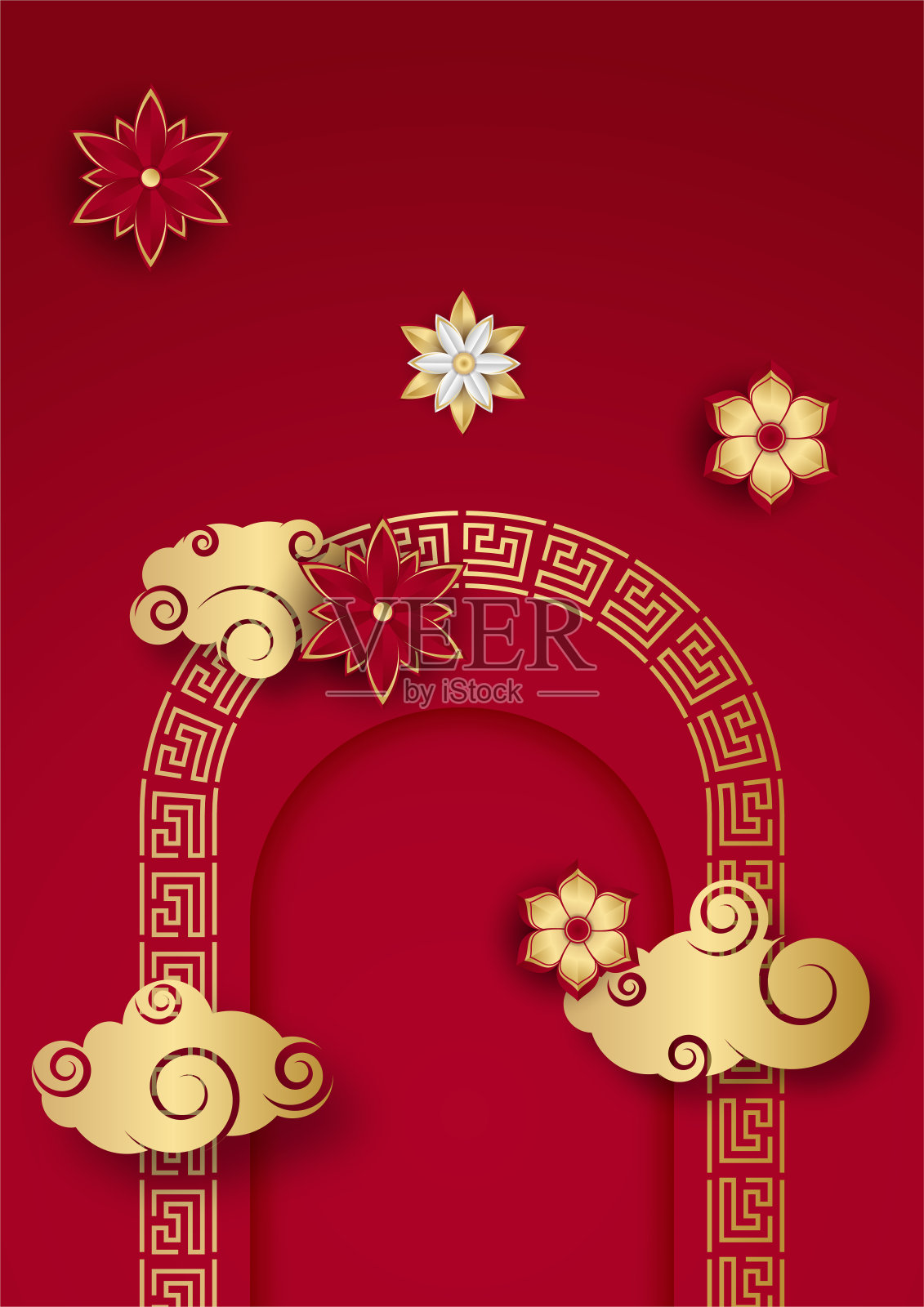 红色和金色喜庆春节横幅背景设计。中国瓷器红色和金色的背景与灯笼，花，树，象征和图案。红色和金色剪纸中国模板插画图片素材