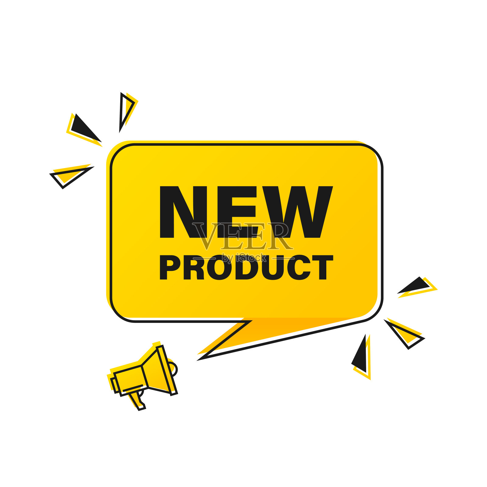 带有新产品语音泡泡的扩音器。扬声器。横幅为商业，营销和广告。矢量图插画图片素材