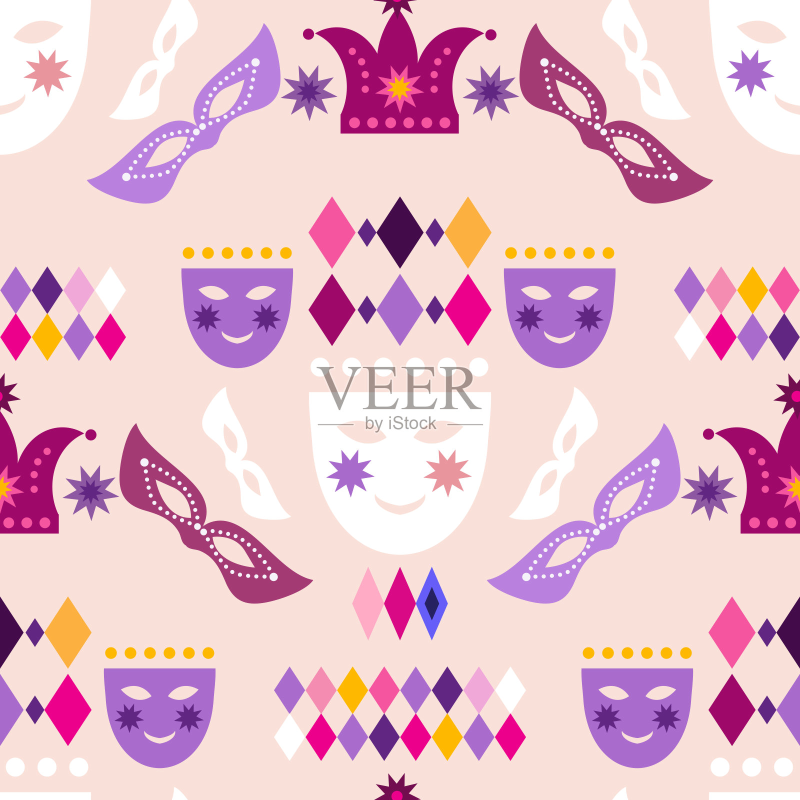 狂欢节,狂欢节。喜庆的多色菱形面具无缝图案插画图片素材