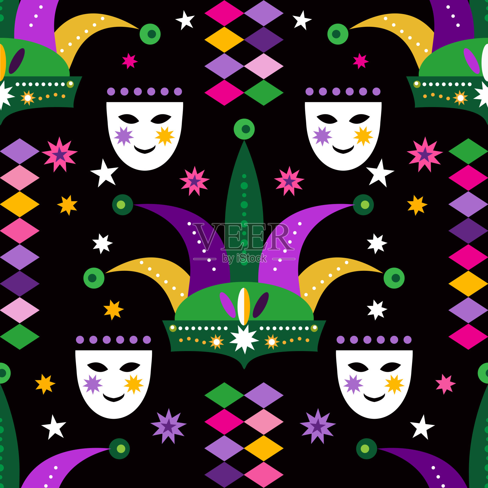 狂欢节,狂欢节。喜庆的多色菱形面具无缝图案插画图片素材