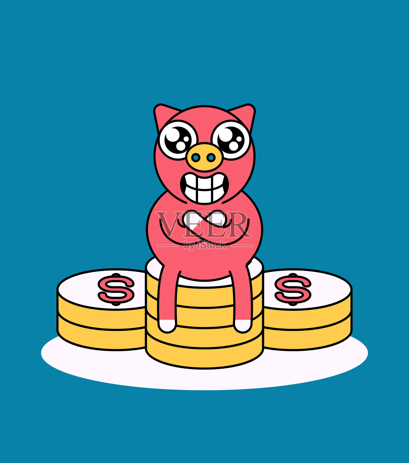 一个快乐的扑满放在一堆硬币上。有趣的小猪卡通风格在钱。矢量插图。插画图片素材