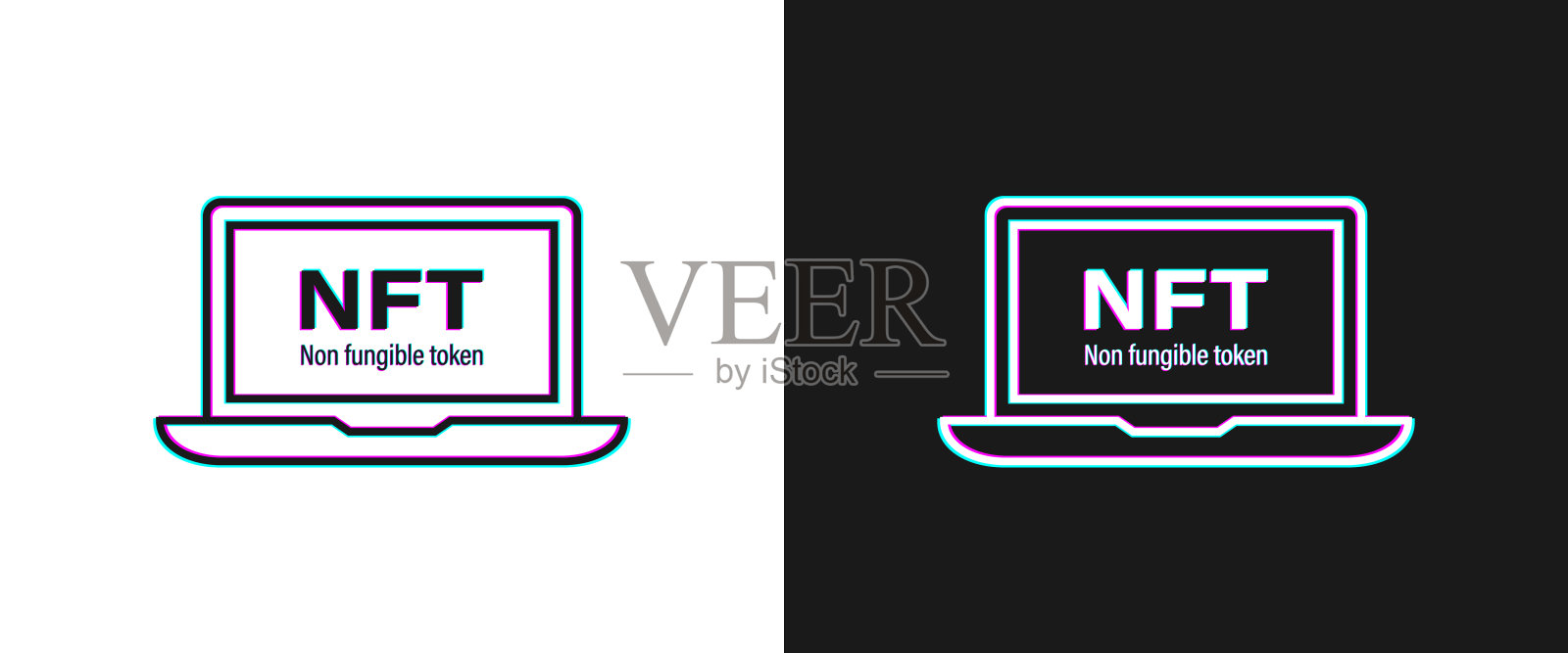 笔记本电脑屏幕上非可替代的非功能性令牌图标在黑色和白色故障风格。向量EPS 10插画图片素材