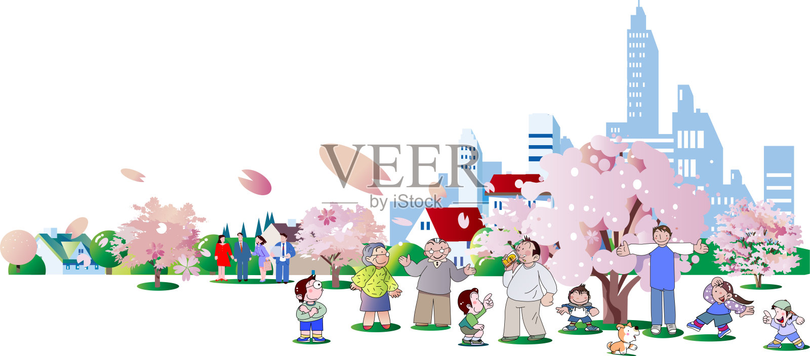 樱花盛开，人们聚集在街道上。插画图片素材