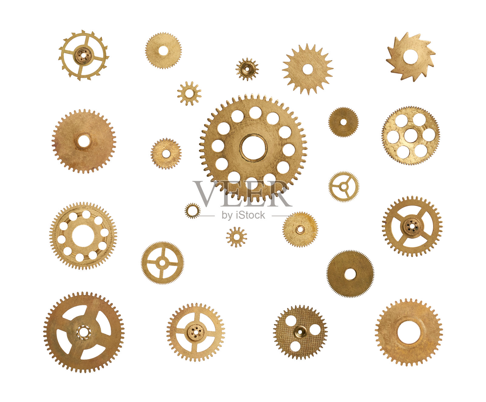 白色背景上不同尺寸的齿轮集合照片摄影图片