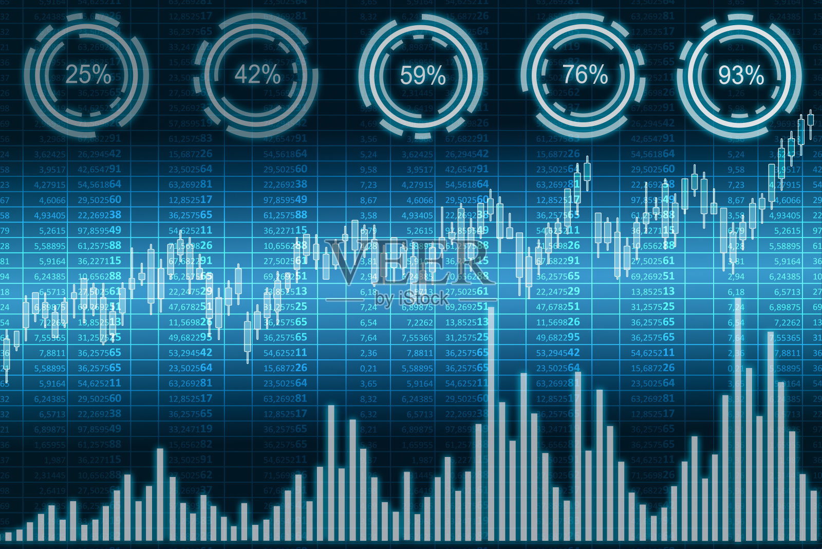 发光的虚拟屏幕与电子表格，股票数据和百分比图表。照片摄影图片