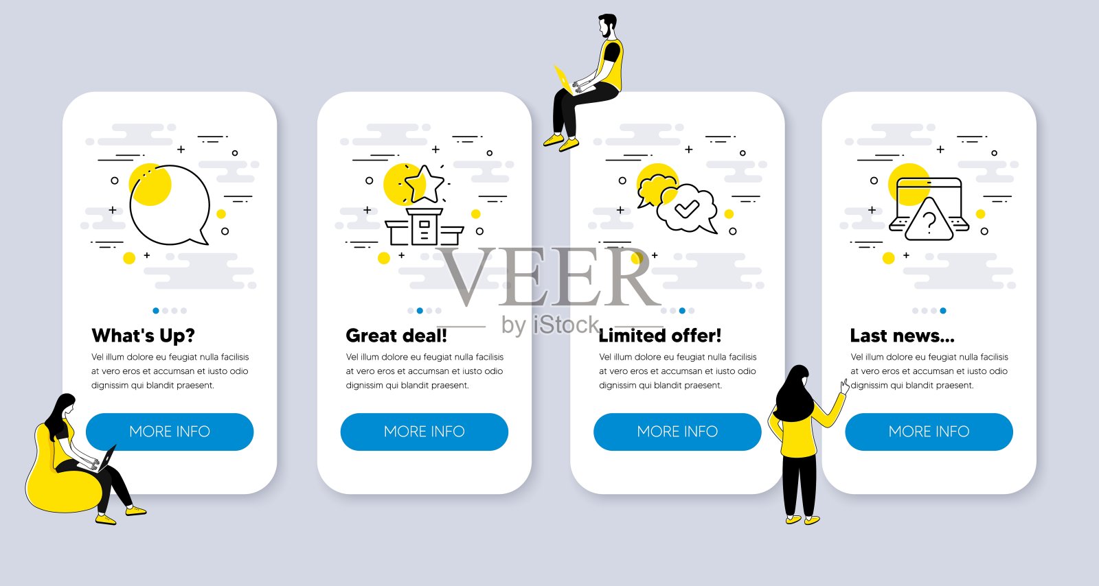 向量集的技术图标相关的发言气泡，批准和获奖者讲台。向量插画图片素材