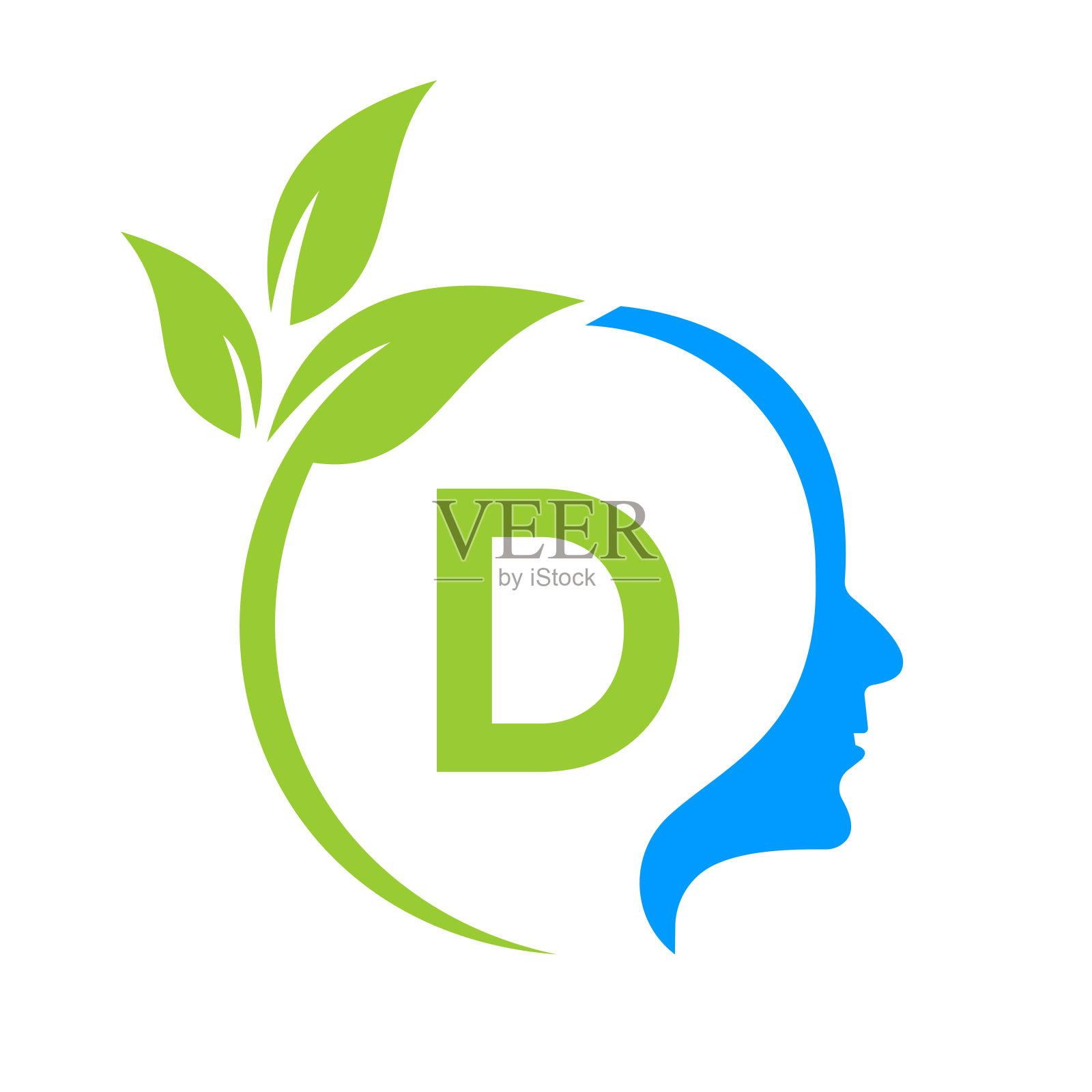 树脑在D字母标志设计。叶头标志模板保健与健身，生态叶头思维概念向量插画图片素材