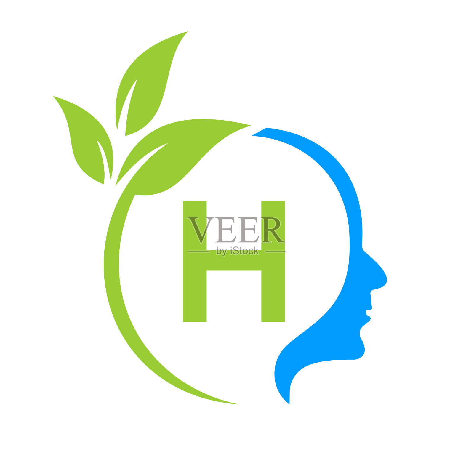 H字母标志设计。叶头标志模板保健与健身，生态叶头思维概念向量插画图片素材