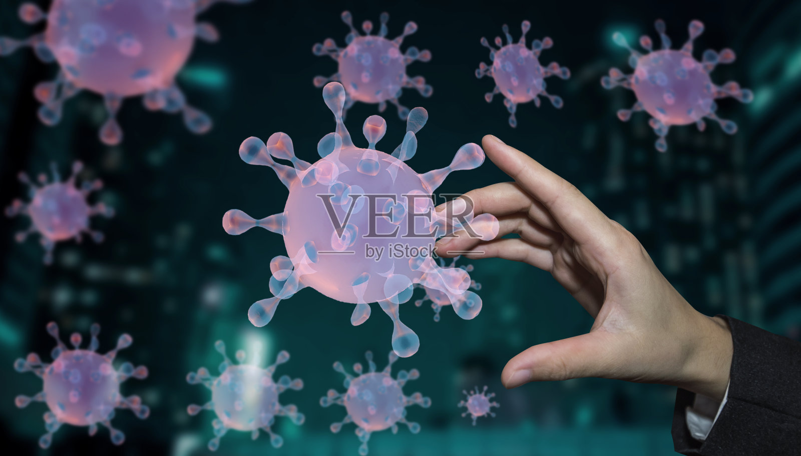 手和冠状病毒。照片摄影图片