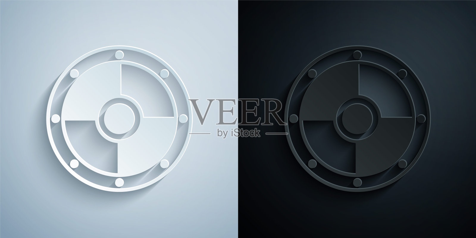 剪纸圆木盾图标孤立的灰色和黑色背景。安全、安全、保护、隐私、护卫理念。纸艺术风格。向量图标素材