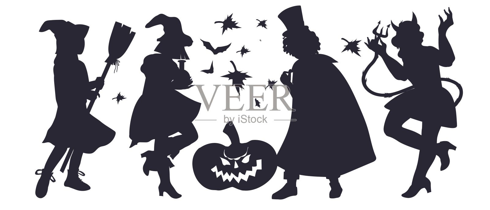 万圣节的剪影人在化装服，矢量插图孤立。插画图片素材