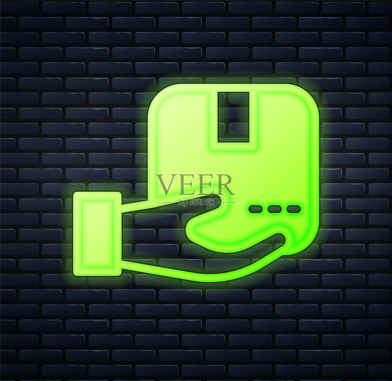 发光的霓虹灯送货手与纸箱图标孤立在砖墙背景上。通过快递送货上门。向量插画图片素材