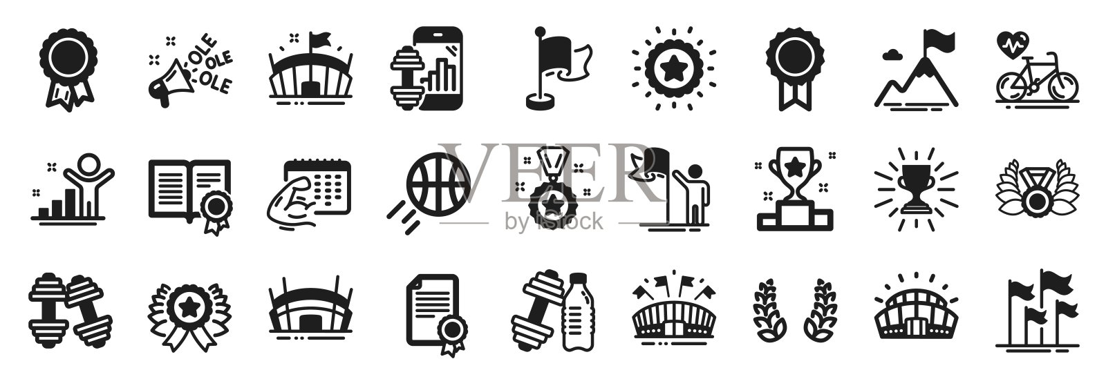 体育图标合集，如竞技场体育场、健身日历、山顶旗帜等矢量图图标素材