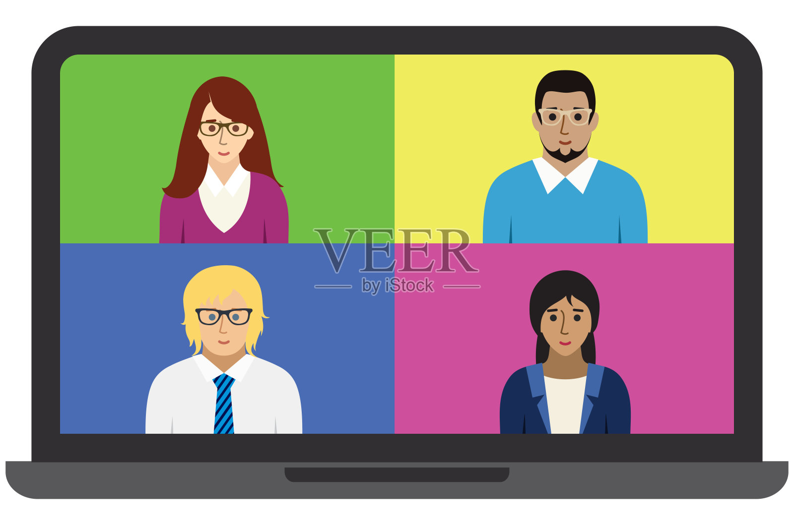 视频会议。不同性格的人的矢量图。每个角色都是独立的。虚拟的事件。插画图片素材