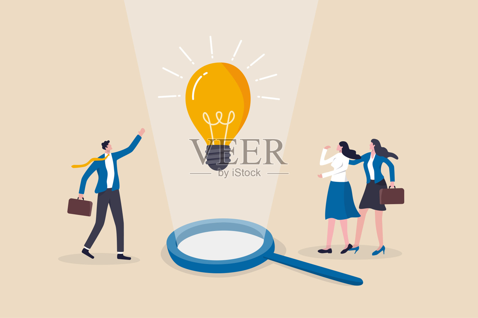 洞察商业情报，获取竞争优势和赢得竞争的信息，发现商业解决方案的概念，商业人员团队从放大镜上看着灯泡漂浮。插画图片素材