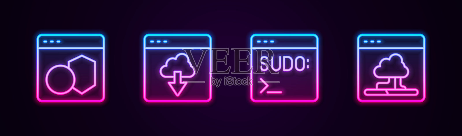 集线材软件、云技术数据传输、码终端和。发光的霓虹灯图标。向量插画图片素材