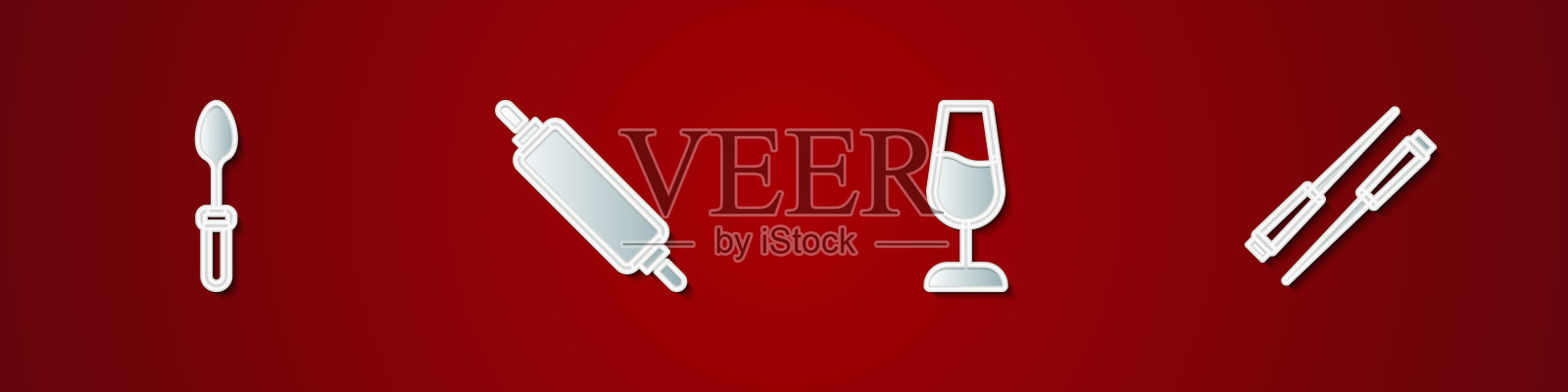 设置茶匙、擀面杖、酒杯和食物筷子图标。向量插画图片素材