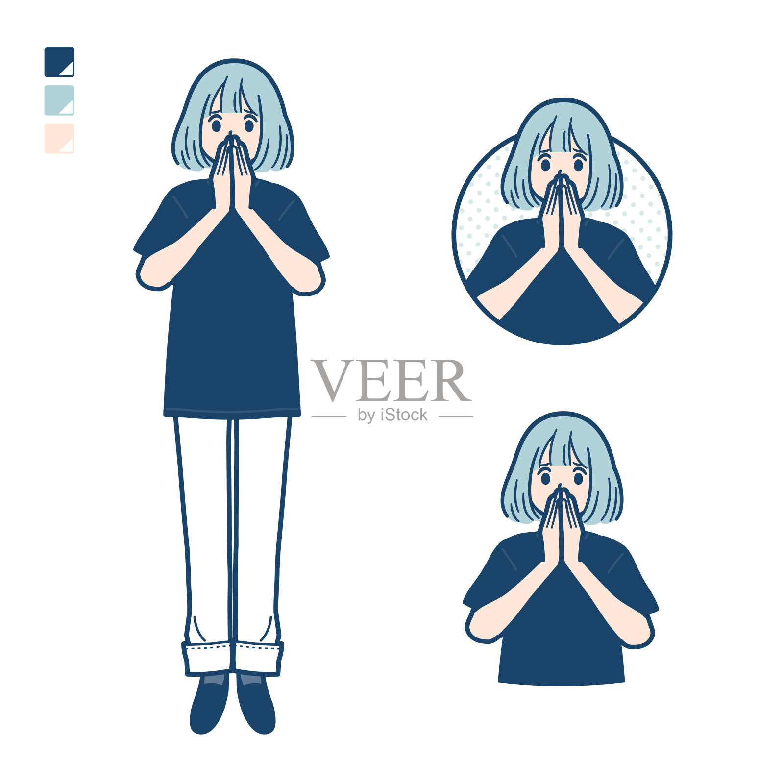 一个女人穿着一件大号t恤，上面有惊讶和不安的画面插画图片素材