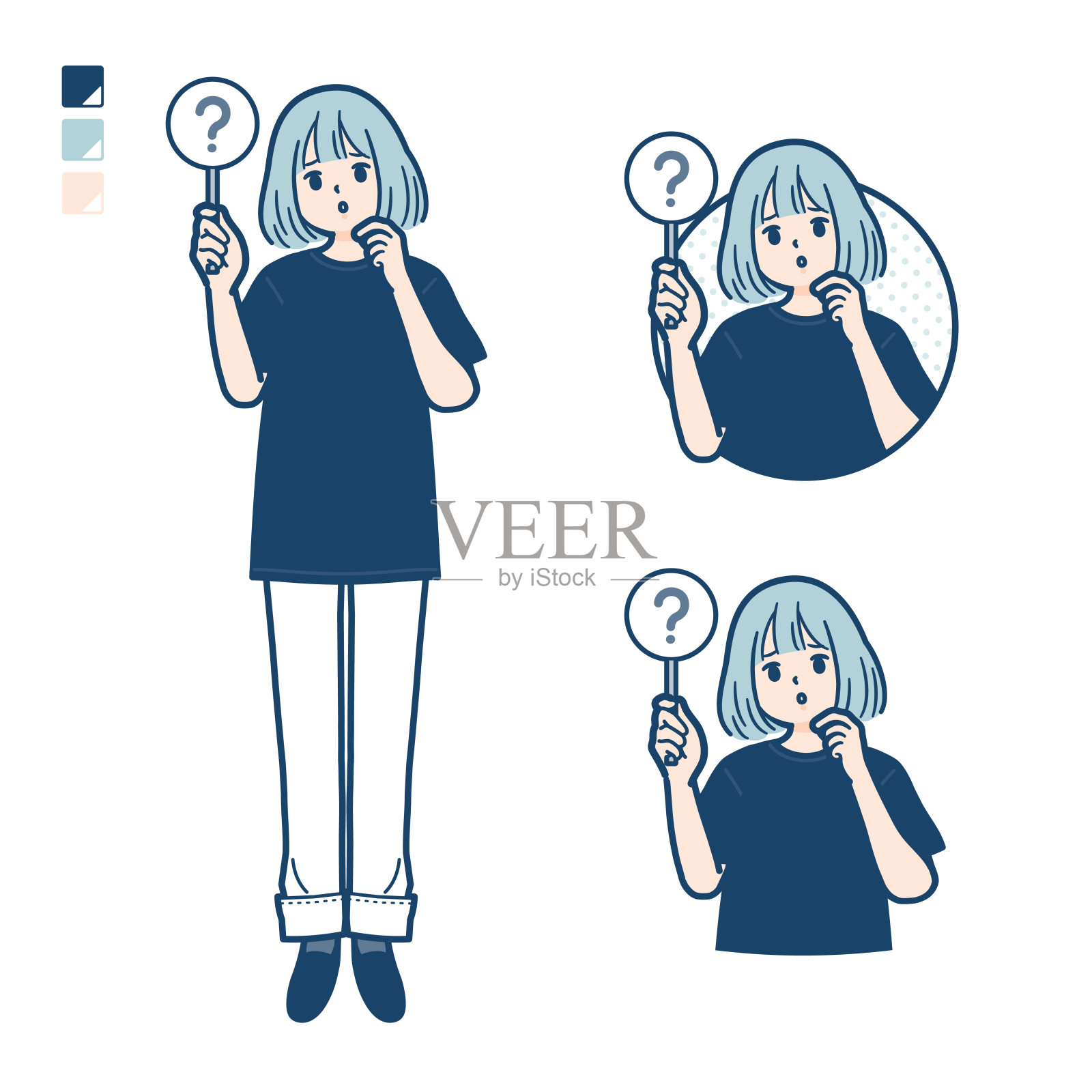 一个女人穿着一件大号t恤，上面有一个问题面板的图片插画图片素材