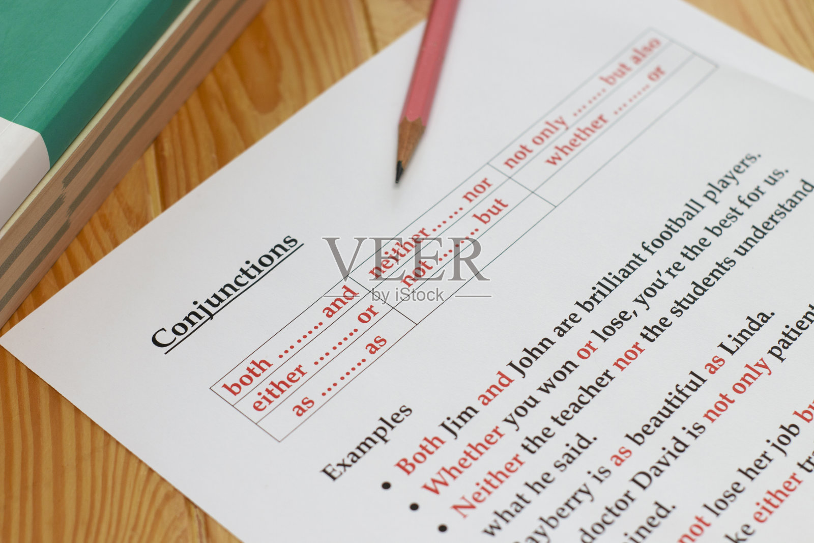 在木桌上做英语作业和练习照片摄影图片