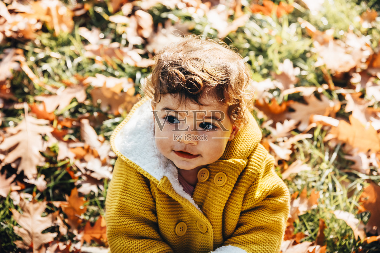 快乐的小女孩穿着黄色的夹克在公园里玩秋天的树叶。照片摄影图片