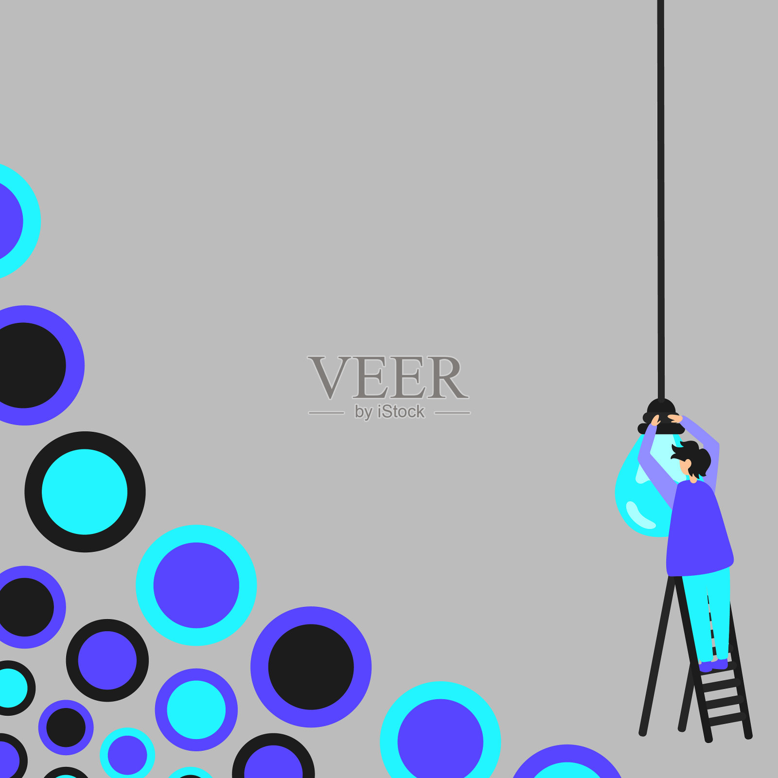 站在梯子上修理灯泡的商人插画图片素材