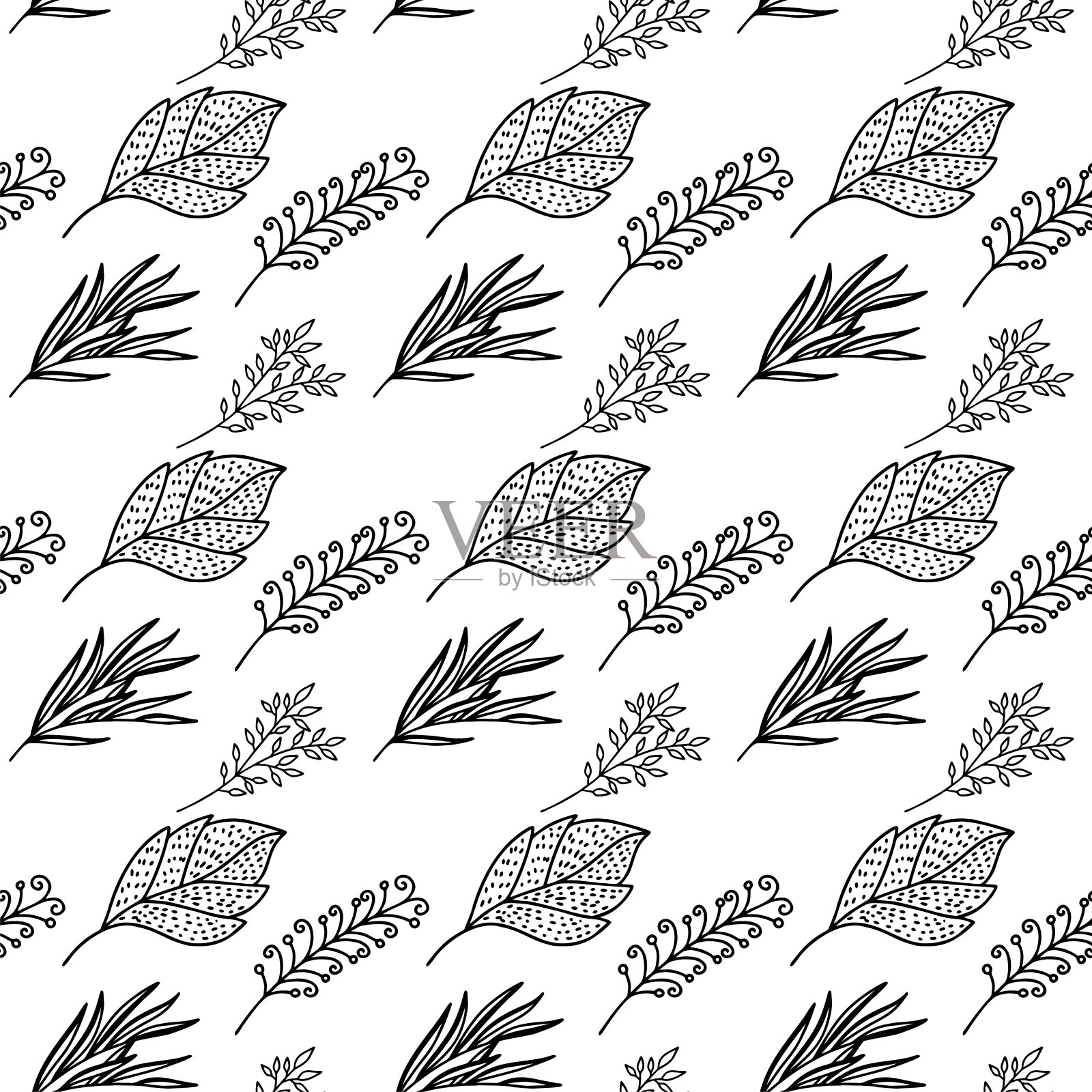 手绘植物枝叶无缝图案。背景、纺织品、设计的矢量花卉涂鸦风格。插画图片素材