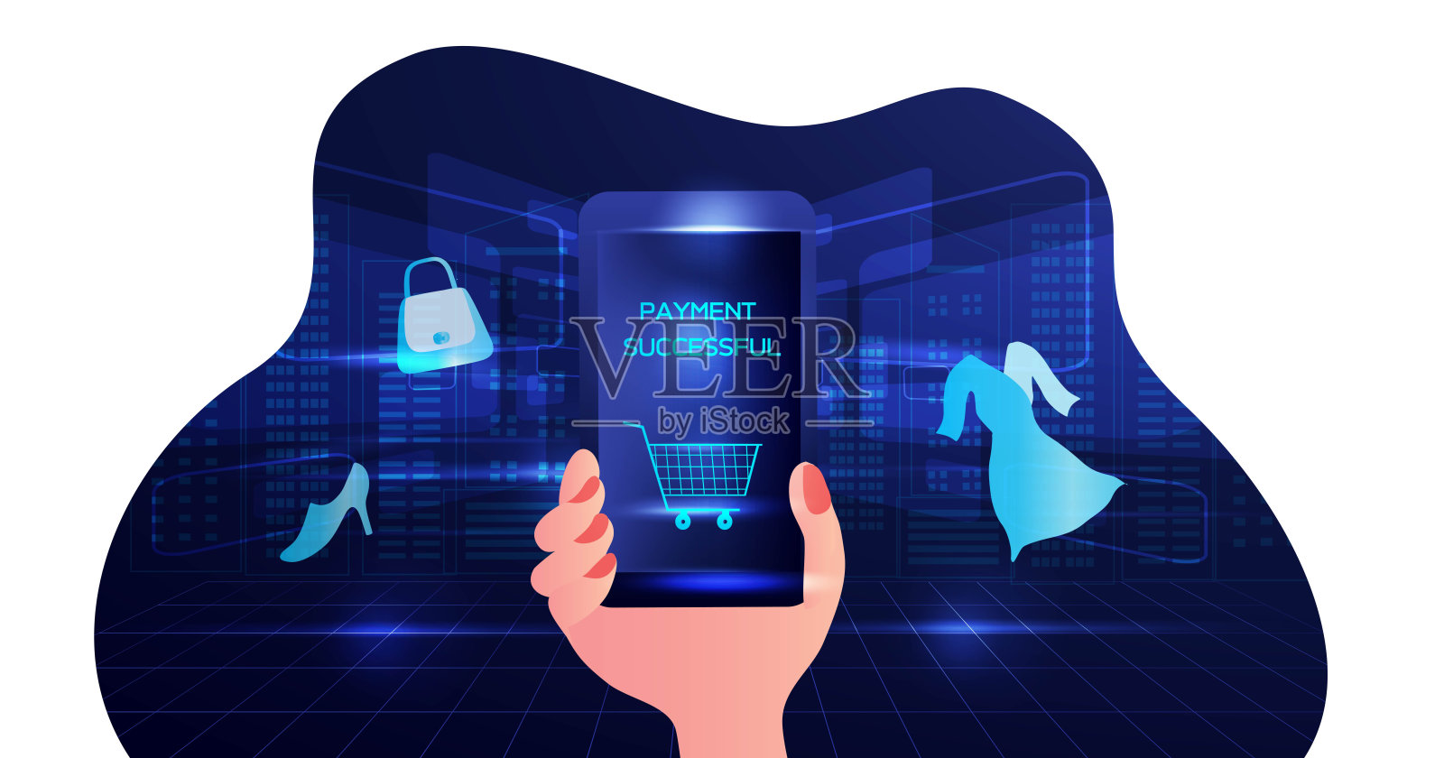 网上支付，银行和网上购物在蓝色背景向量插图插画图片素材