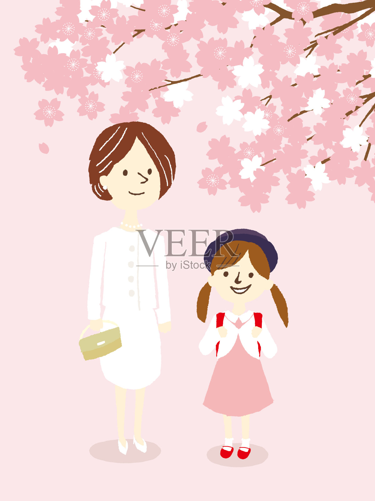 樱花季节，母亲参加儿子的学校典礼。日本季节性学校活动。插画图片素材