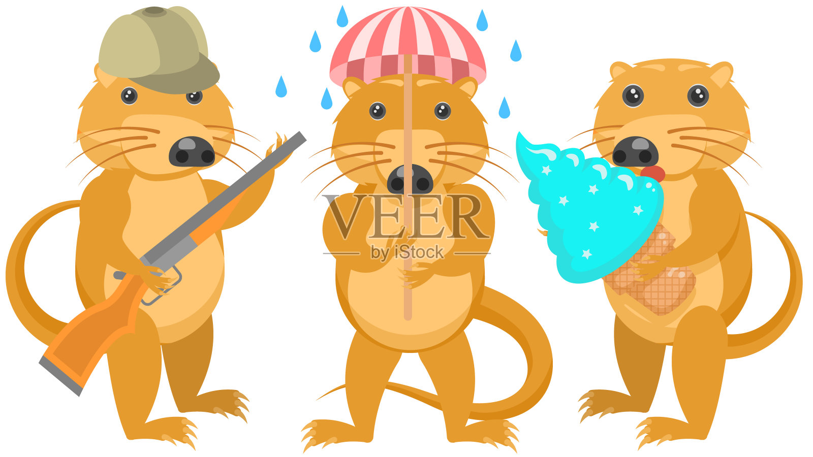 集抽象收集平面卡通不同动物麝鼠，Desman猎人与枪，与巨大的冰淇淋，与雨伞在雨中矢量设计风格元素动物野生动物插画图片素材