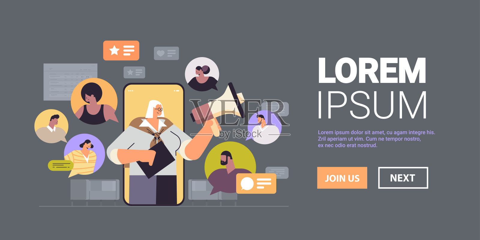 在智能手机屏幕上的虚拟会议期间，女商人使用扩音器与混血商人讨论插画图片素材