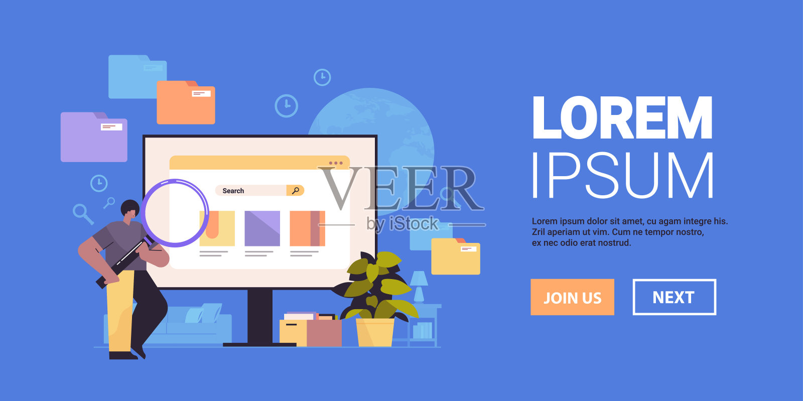 商人用放大镜分析网页数据，男子检查浏览器窗口表面进行在线搜索插画图片素材